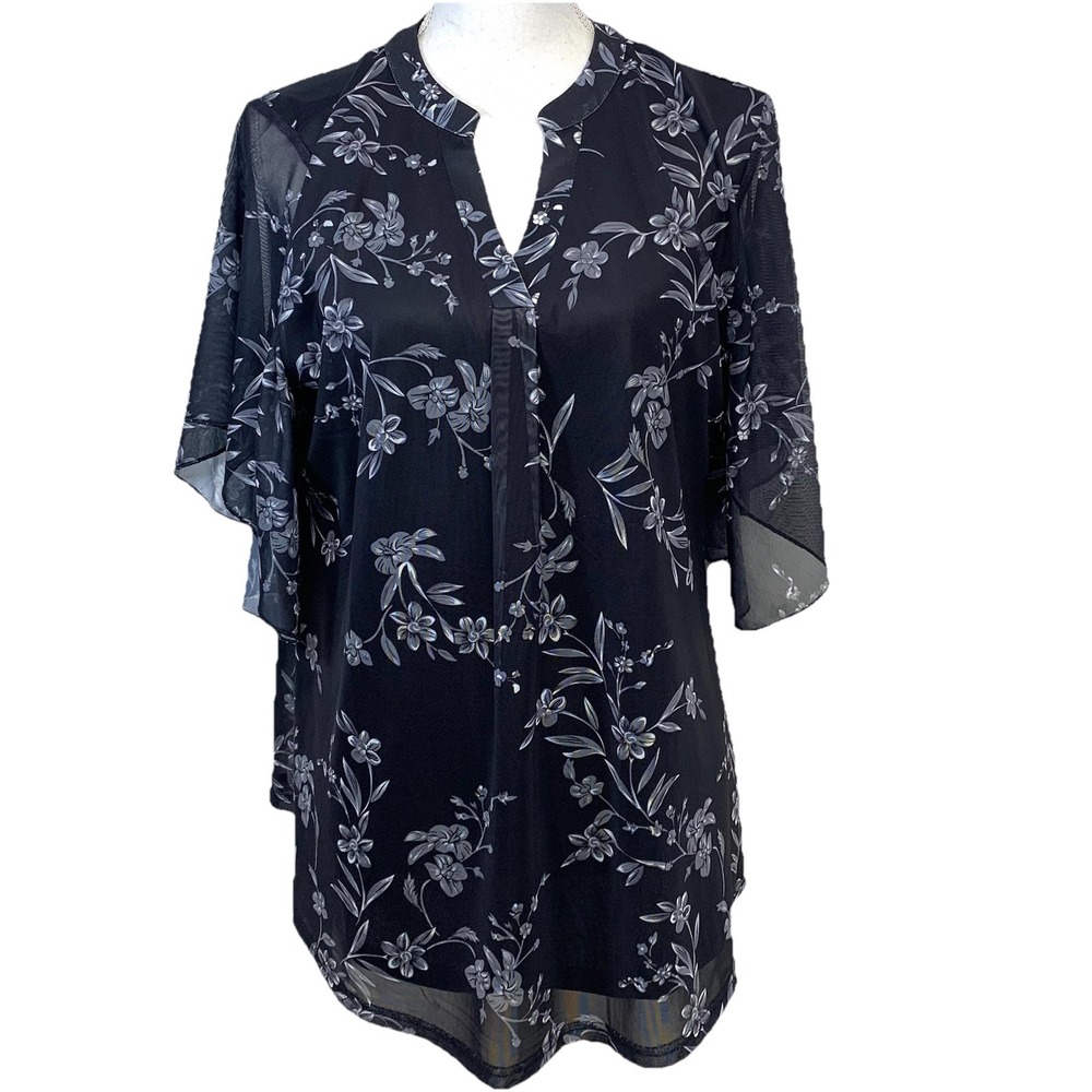 Timeson Black Floral Top Woman Flare Sleeve‎ XL V Neck Lined Stretch Casual Work